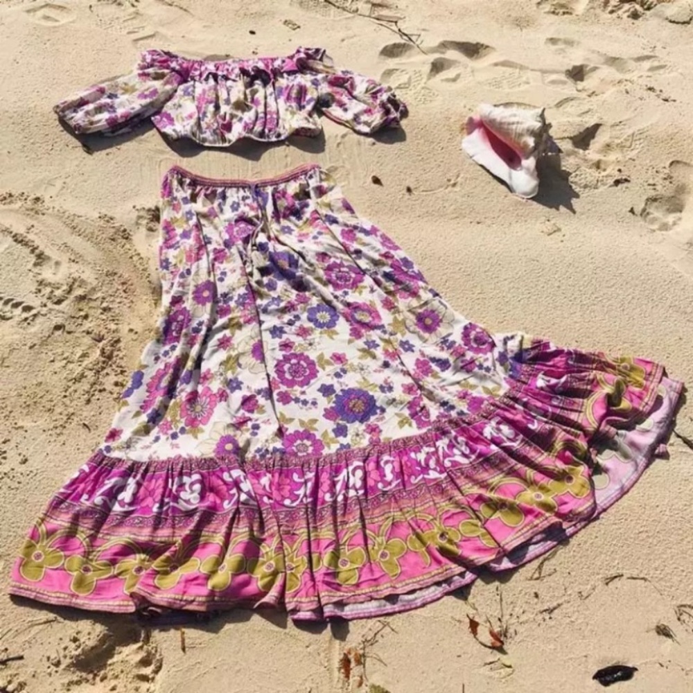 SOLD OUT Waverly Floral Gypsy Bohemian Off Shoulder Blouse & Maxi Ruffle Skirt - Picture 6 of 13